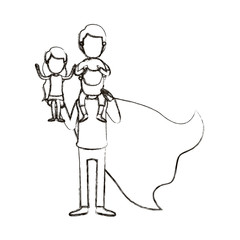 blurred silhouette caricature faceless full body super dad hero with girl on his hand and boy on his back vector illustration