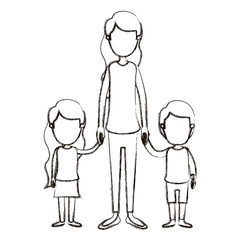 blurred silhouette caricature faceless full body mother taken hand with girl and boy vector illustration