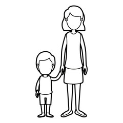 black thick contour caricature faceless full body mother taken hand with boy vector illustration
