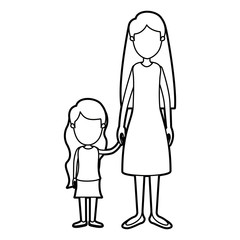 black thick contour caricature faceless full body mother taken hand with girl vector illustration