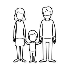 black thick contour caricature faceless family with father bearded and mom with short hair with little boy taken hands vector illustration
