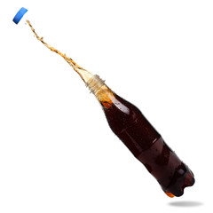 Soft drink splash out of bottle on white background.