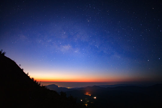 Landscape sunrise and Milky way galaxy at Doi inthanon Chiang mai, Thailand.Long exposure photograph.With grain