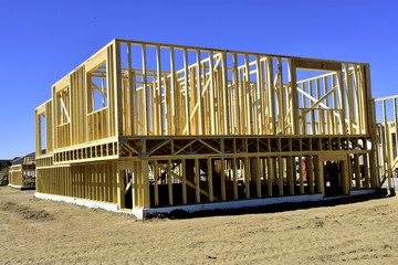 Residential wood frame home under construction.