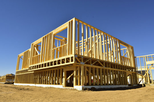 Residential wood frame home under construction.