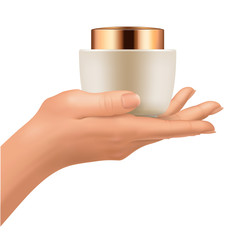 Plastic jar on hand. Mock-up of luxury cosmetic package with gold cap for skin care cream, powder or treatment mask.. Beige containers isolated vector illustration on white background.