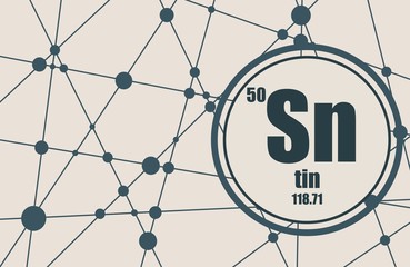 Tin chemical element. Sign with atomic number and atomic weight. Chemical element of periodic table. Molecule And Communication Background. Connected lines with dots.