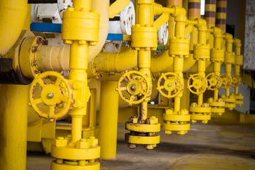 Valves manual in the production process. Production process used manual valve to control the system, Operator open and close or function the valve for controlled pressure or gas and oil flow rate.