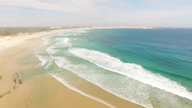 Praia do Campismo and Island Baleal naer Peniche on the shore of the ocean in west coast of Portugal