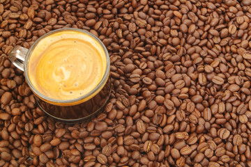 Espresso coffee cup on roasted arabica beans background