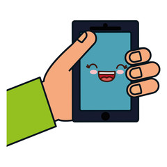 hand holding a smartphone device icon over white background. colorful design. vector illustration