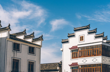 roof of historic building against blue sky,shot in Lishui,China.