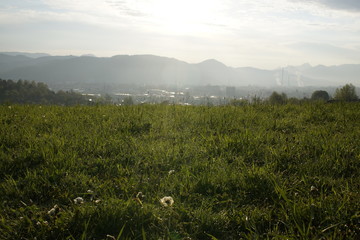 Sunrise and sunset over the hills and town. Slovakia