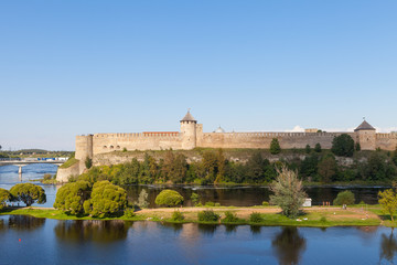 Obraz premium Ivangorod fortress on the border of Estonia and Russia. Summer day panoramic view.