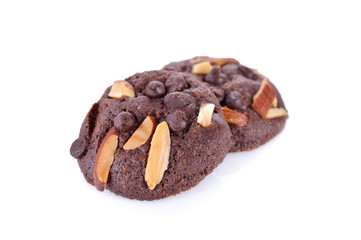 chocolate chip cookie with almond on white background