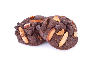 chocolate chip cookie with almond on white background