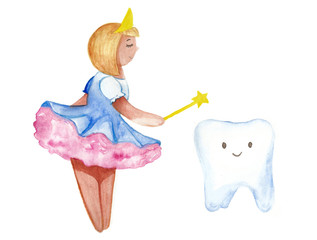 Watercolor tooth fairy withh tooth and magic isolated on white background - 153321688