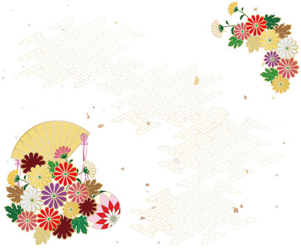 Background image of chrysanthemum, folding fan and Japanese pattern