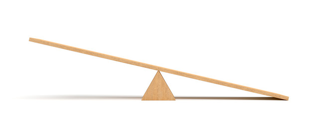 3d rendering of a light wooden seesaw with the right side leaning to the ground on white background.