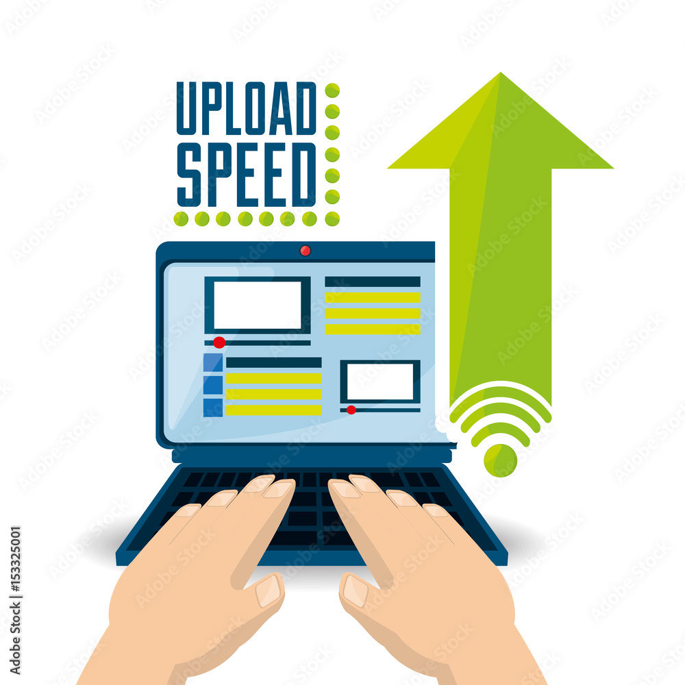 Poster man using the computer and upload files, vector illustration