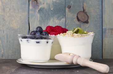 fruit yogurt with kiwi, blueberry, raspberry and muesli
