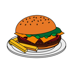 color image cartoon hamburger in dish with french fries vector illustration