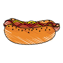 color crayon stripe cartoon hot dog with mustard and ketchup fast food vector illustration