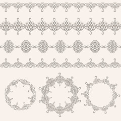 Borders and round frames set collection in calligraphic retro style isolated on beige background.