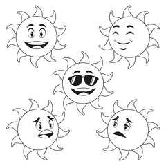 collection funny sun cartoon outline vector illustration