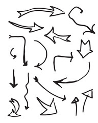 Set of arrows with different shapes and orientations. Black and white line. Hand-painted signs.