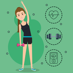 Exercising woman with dumbbell and hand drawn related objects stickers over green background.