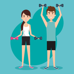 Exercising people holding dumbbells over teal background. Vector illustration.