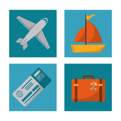 set travel plane ticket suitcase ship design vector illustration