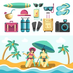 Man and woman on beach and set of vacation things