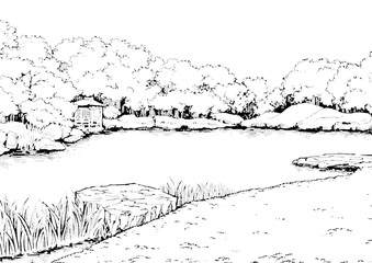 漫画風ペン画イラスト　庭