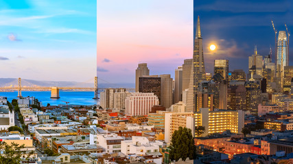 Day to night timelapse timeslice San Franciso panorama with full moon