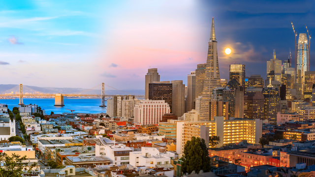 Day to night timelapse timeslice San Franciso panorama with full moon