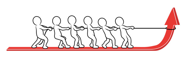 Männchen ziehen gemeinsam einen roten Pfeil hoch / Vektor, gezeichnet, freigestellt