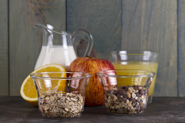 healthy breakfast with muesli and orange juice