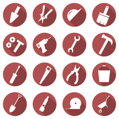 Vector set of building concept icons. Flat images of tools. Badges in the red circle.