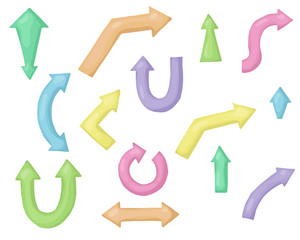 A set of children's cartoon arrows. Colorful vector pointer.