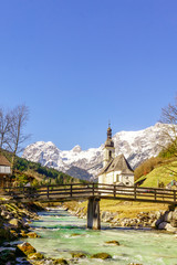Fototapeta na wymiar Mountain landscape and church by Ramsau in Bavaria