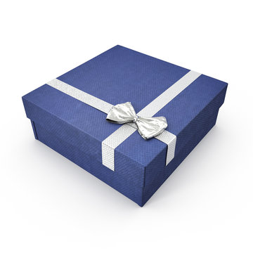 Square blue giftbox with lid tied with an ornamental ribbon on white. 3D illustration