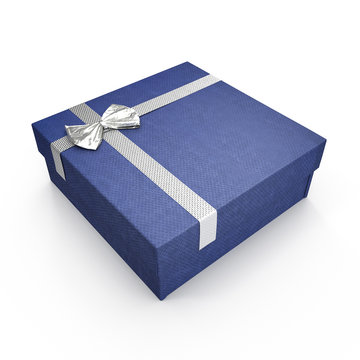 Blue gift box with yellow ribbon on white. 3D illustration