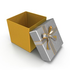Yellow gift-box with silver ribbon bow on white. 3D illustration