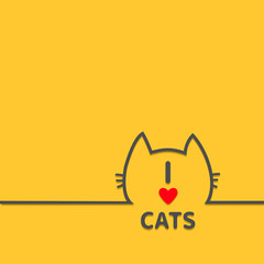 Black cat head face contour silhouette line icon. Cute cartoon character. I love cats heart Text lettering. Kitty kitten whisker Baby pet Yellow background. Isolated Flat design