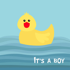Its a boy. Baby shower card with funny yellow duck bird toy. Sea ocean wave. Blue background. Cute cartoon character. Flat design.