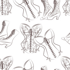 Retro seamless pattern of graceful women corset and  stylish  shoes on white background. - 153355429