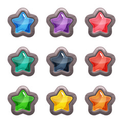Cartoon vector star shaped rocky buttons set with colorful middles in a stone frame, isolated on white background.