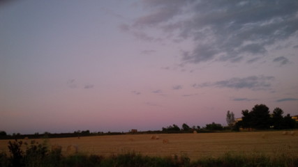 balle di fieno sul prato al tramonto